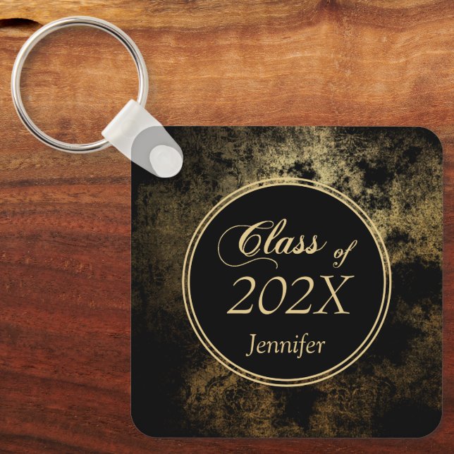 Elegant Gold Grunge over Black Graduation Key Ring (Front)