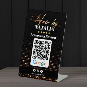 Elegant Gold Hair Salon Google Review QR Code Pedestal Sign
