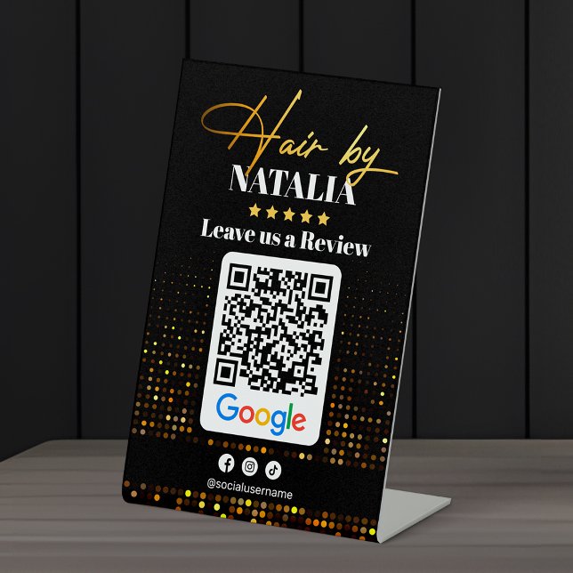 Elegant Gold Hair Salon Google Review QR Code Pedestal Sign (Creator Uploaded)