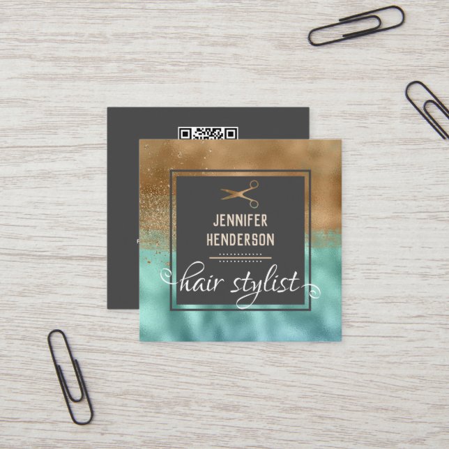 Elegant Gold Hair Stylist Square  Square Business Card (Front/Back In Situ)