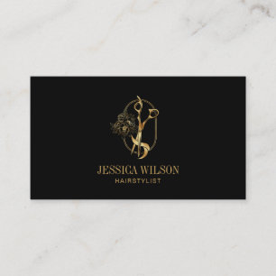 Elegant Gold Hairstylist Scissors Floral QR Code Business Card
