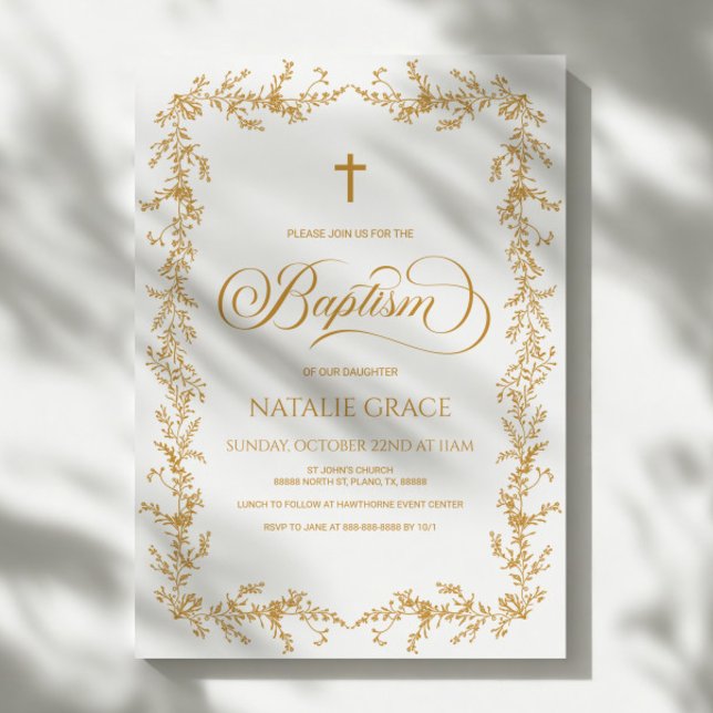 Elegant Gold Hand Drawn Floral Frame Baptism Invitation (Creator Uploaded)
