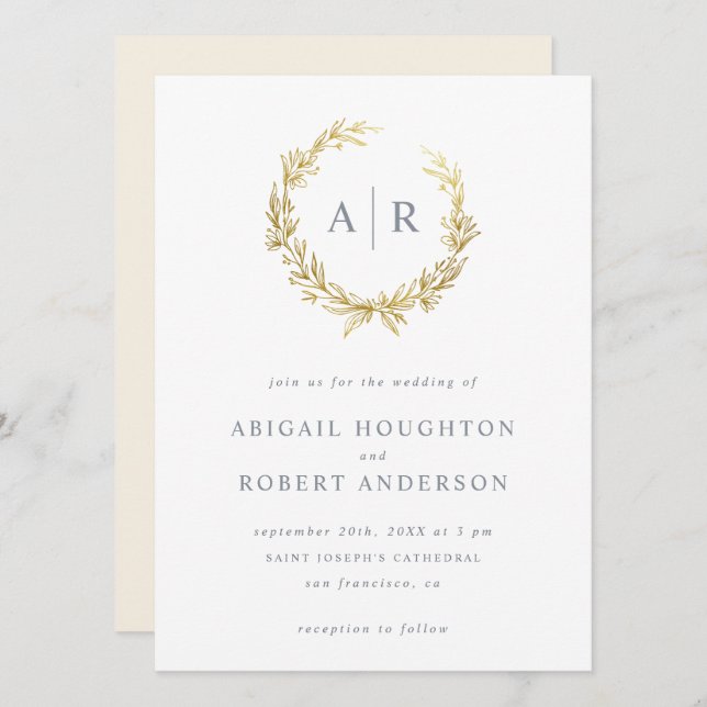 Elegant Gold Hand-drawn Wreath Initials Wedding Invitation (Front/Back)