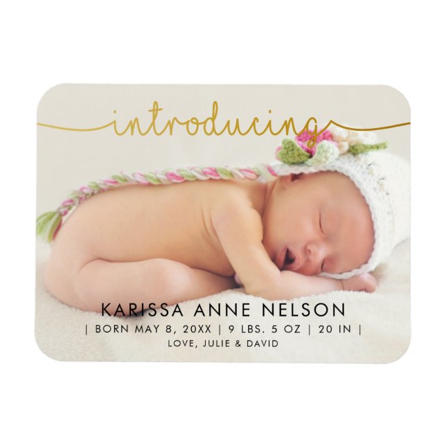 elegant gold hand lettering photo birth announce magnet (Horizontal)