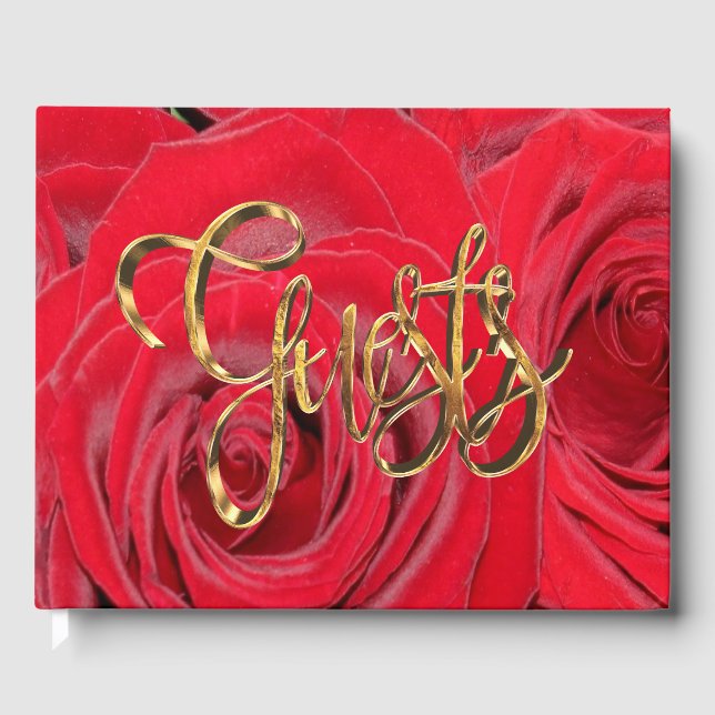 Elegant Gold Handwriting Typography Red Roses Guest Book (Front)