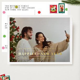 Elegant Gold HAPPIEST NEW YEARS Photo Frame Foil Holiday Postcard