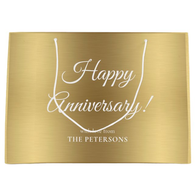 Elegant Gold Happy Anniversary Name Large Gift Bag (Front)