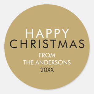 Elegant Gold Happy Christmas Family Name Classic Round Sticker