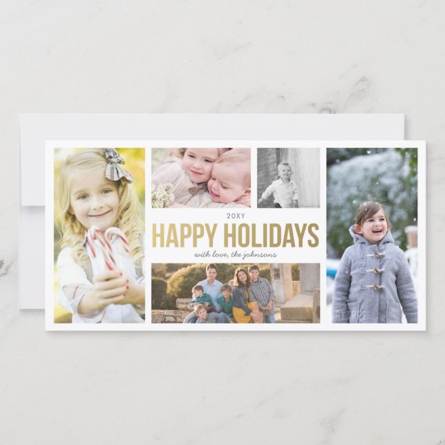 Elegant Gold Happy Holidays 5 Collage Photos Holiday Card (Front)