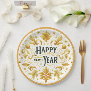 Elegant Gold Happy New Year Paper Plate
