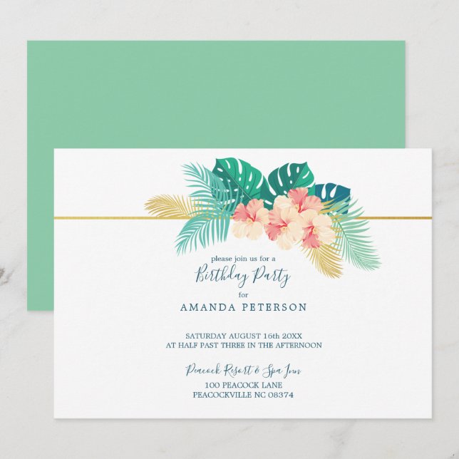 Elegant Gold Hawaiian Hibiscus Birthday Party Invitation (Front/Back)