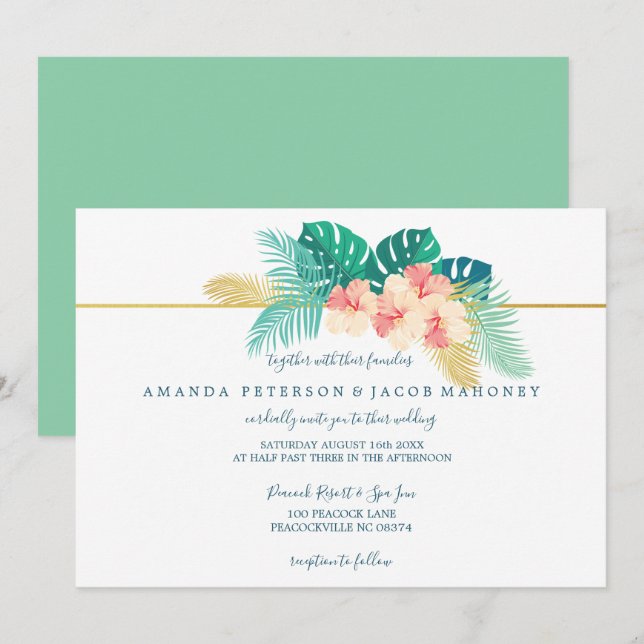 Elegant Gold Hawaiian Hibiscus Wedding Invitations (Front/Back)