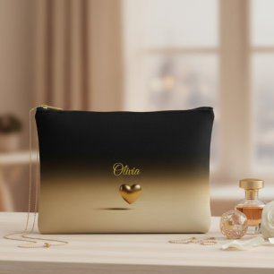 Elegant Gold Heart & Black Gradient Personalized A Accessory Pouch