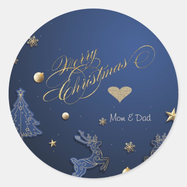 Elegant Gold Heart,Blue Christmas Tree,Reindeers Classic Round Sticker (Front)