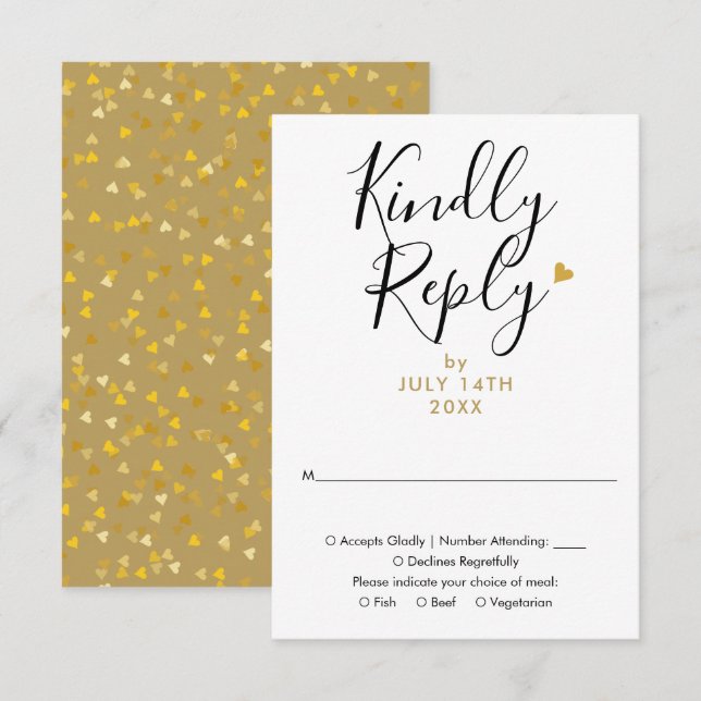 Elegant Gold Heart Chic Script Wedding RSVP Card (Front/Back)