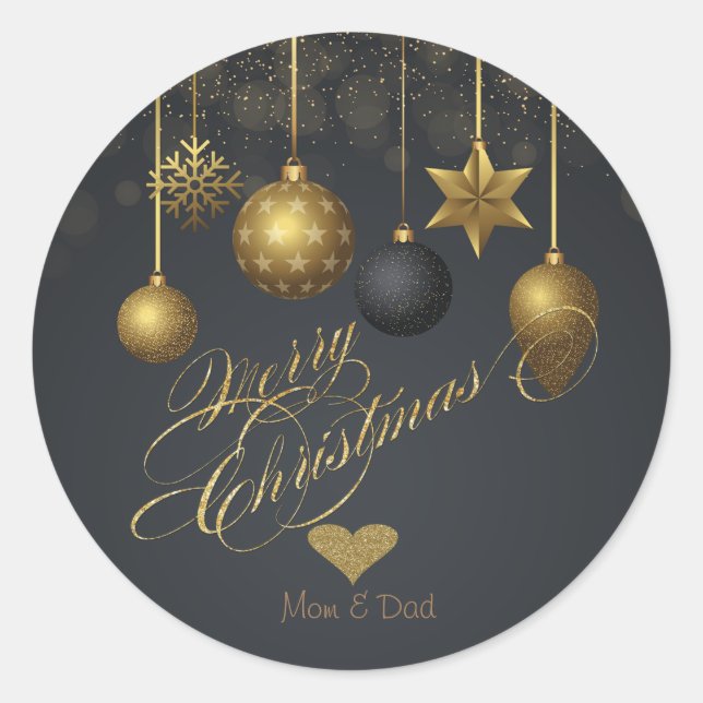 Elegant Gold Heart, Christmas Balls Dark Classic Round Sticker (Front)