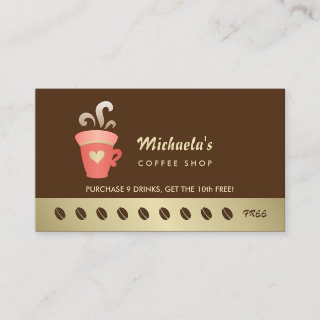 Elegant Gold Heart Coffee Cup Barista Punch Card (Front)