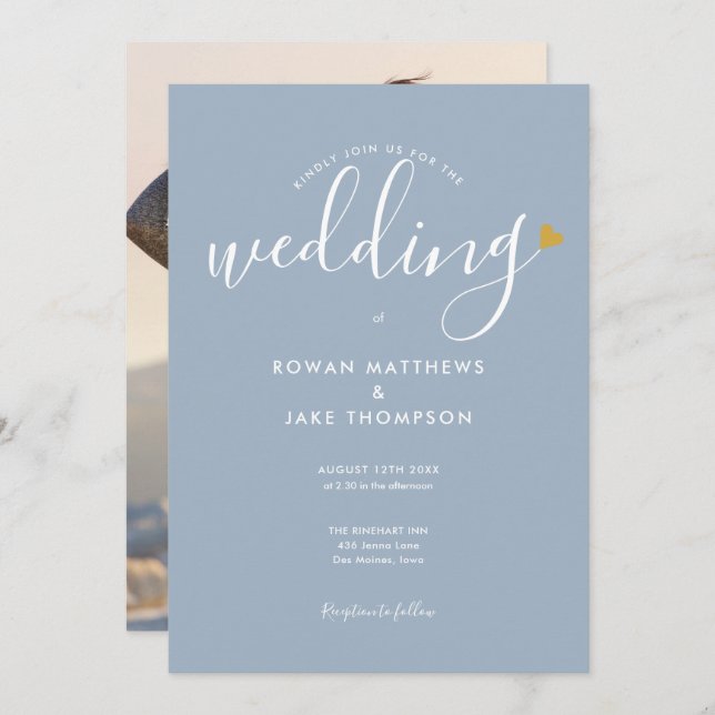 Elegant Gold Heart Dusty Blue Script Photo Wedding Invitation (Front/Back)