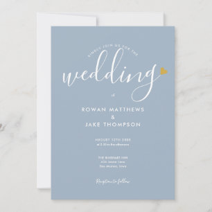 Elegant Gold Heart Dusty Blue Script Wedding Invitation