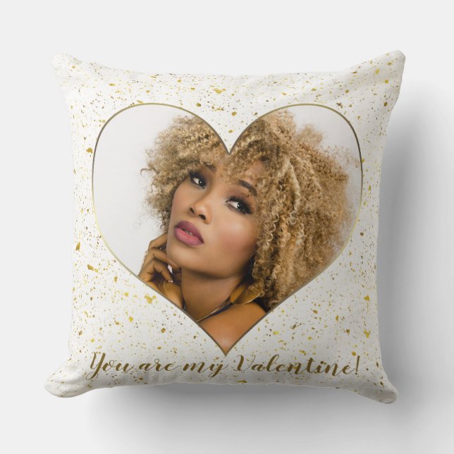 Elegant Gold Heart Frame Valentine's Day Photo Cushion (Front)