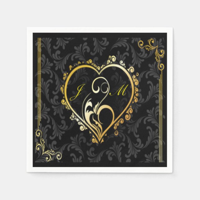 Elegant Gold Heart Monogram Paper Napkins (Front)