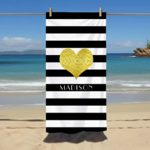 Elegant Gold Heart Name Black And White Stripes Beach Towel