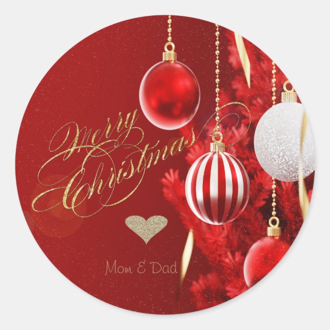 Elegant Gold Heart,Red Christmas Ornaments Classic Round Sticker (Front)