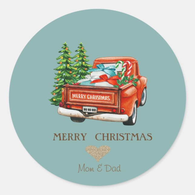 Elegant Gold Heart, Red Truck Pine Tree Christmas Classic Round Sticker (Front)