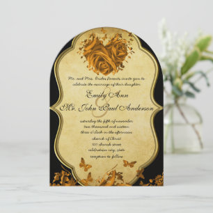 Elegant Gold Heart Roses & Butterflies Wedding Invitation
