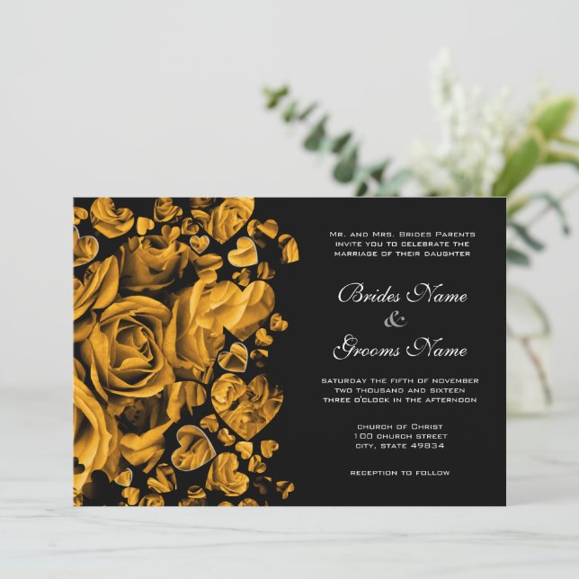 Elegant Gold Heart Roses Wedding Invitation (Standing Front)