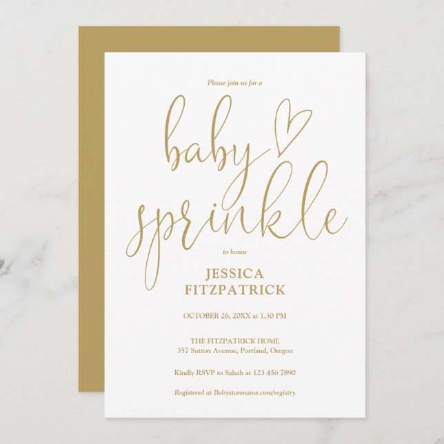 Elegant Gold Heart Script Baby Sprinkle Shower Invitation (Front/Back)