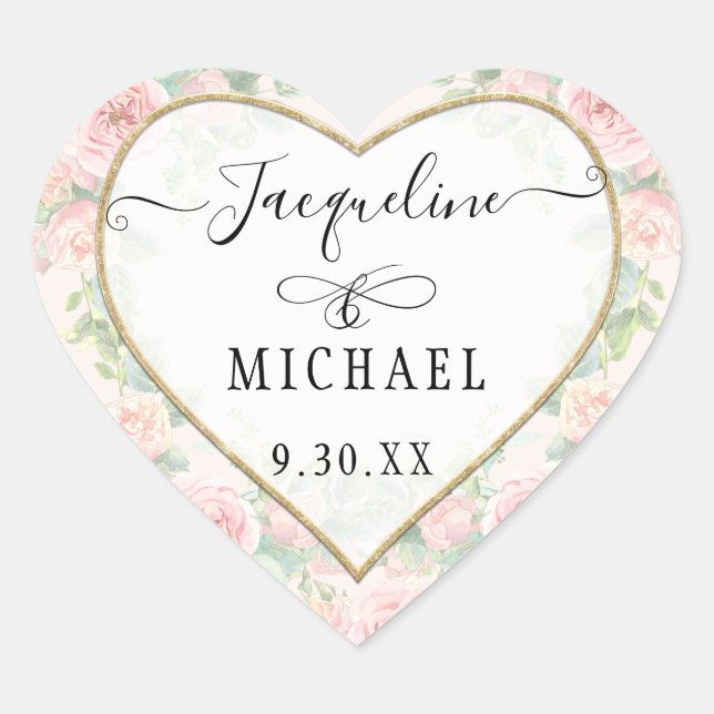 Elegant Gold Heart Script Blush Pink Floral Leaves Heart Sticker (Front)