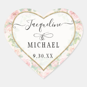 Elegant Gold Heart Script Blush Pink Floral Leaves Sticker