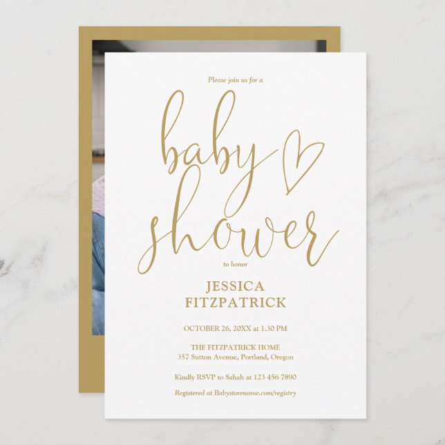 Elegant Gold Heart Script Photo Baby Shower Invitation (Front/Back)