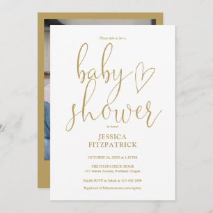 Elegant Gold Heart Script Photo Baby Shower Invitation