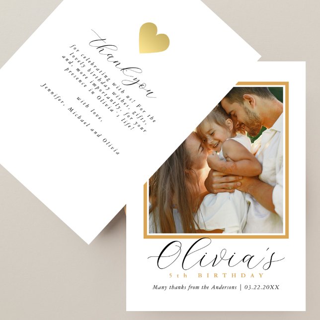 Elegant Gold Heart Script Photo Birthday Thank You Card (Creator Uploaded)