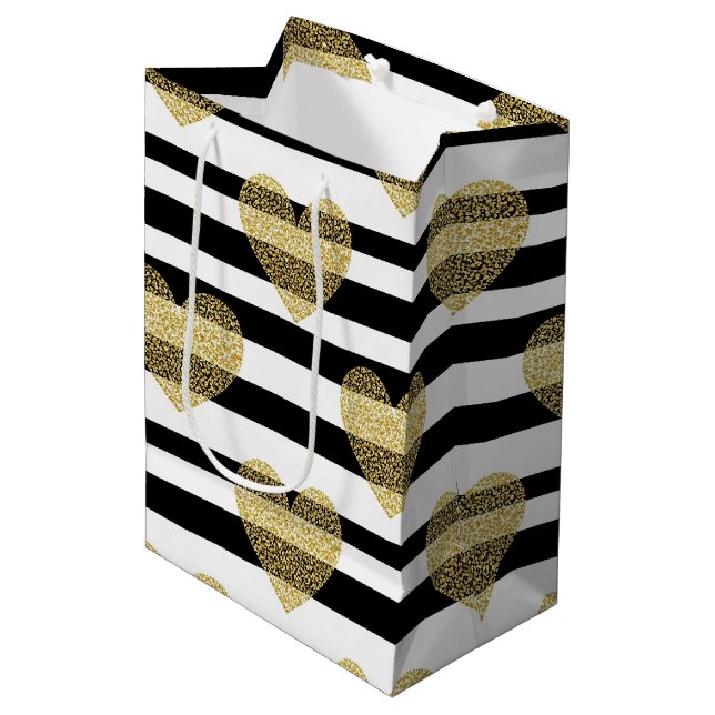Elegant Gold Heart Wedding Stripe Pattern Medium Gift Bag (Front Angled)