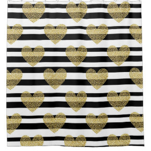 Elegant Gold Heart Wedding Stripe Pattern Shower Curtain
