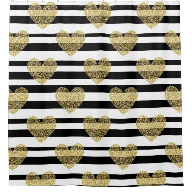 Elegant Gold Heart Wedding Stripe Pattern Shower Curtain (Front)