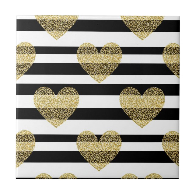 Elegant Gold Heart Wedding Stripe Pattern Tile (Front)