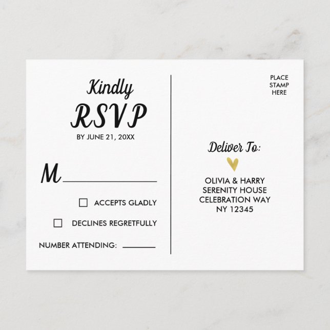 Elegant Gold Heart White Black RSVP Postcard (Back)