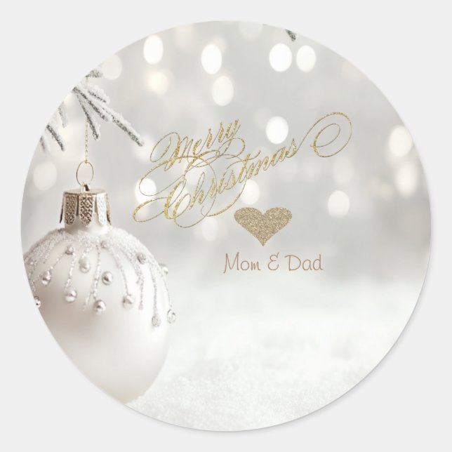 Elegant Gold Heart,White Christmas Ball  Classic Round Sticker (Front)