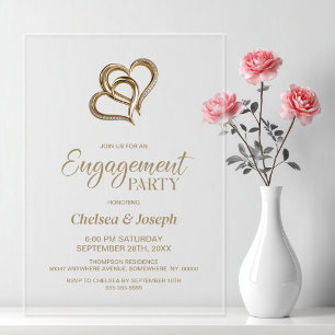 Elegant Gold Hearts and Diamonds Engagement Party Acrylic Invitations