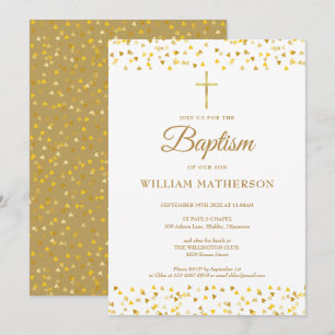 Elegant Gold Hearts Baptism Christening Invitation