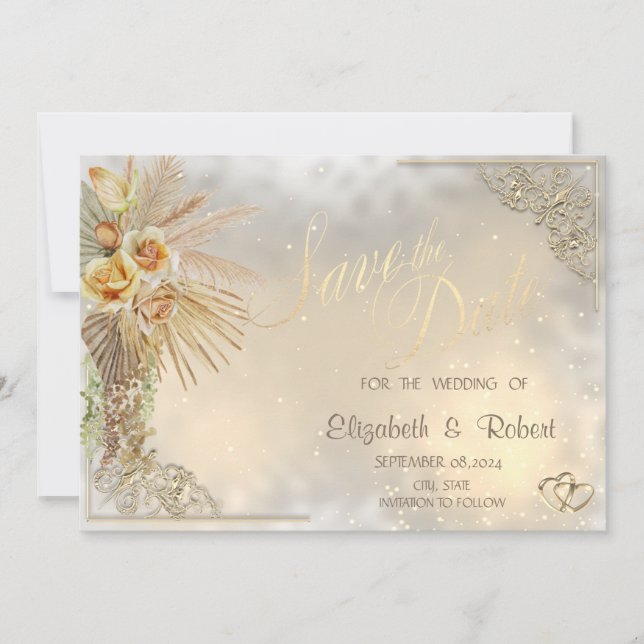 Elegant  Gold Hearts Boho Flowers Save The Date (Front)