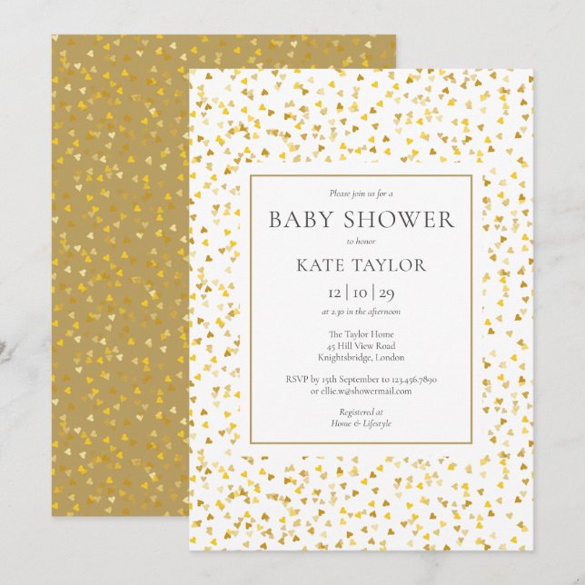 Elegant Gold Hearts Confetti Baby Shower Invitation (Front/Back)