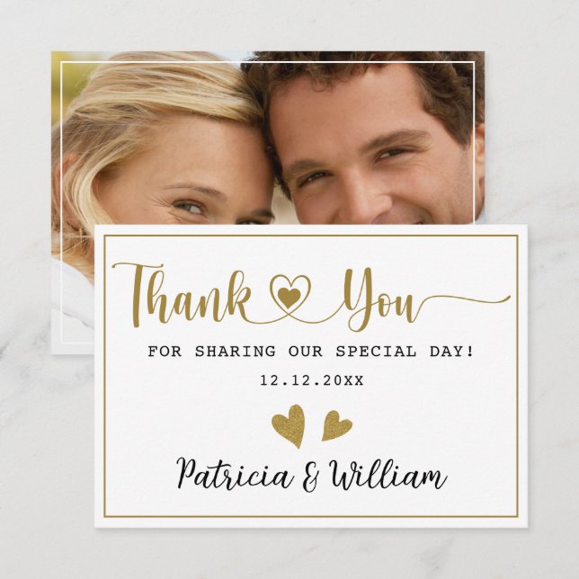 Elegant Gold Hearts Couple Photo Wedding  Thank You Card (Front/Back)