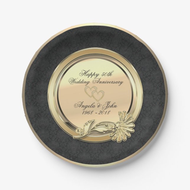 Elegant Gold Hearts Damask 50th Wedding Anniversar Paper Plate (Front)