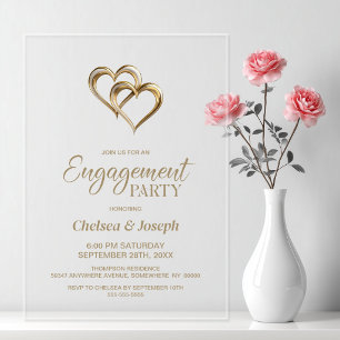 Elegant Gold Hearts Engagement Party Acrylic Invitations