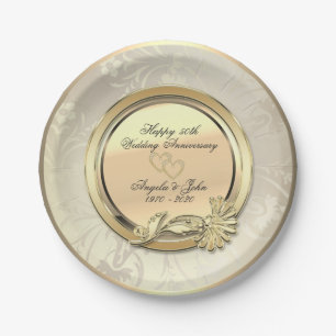 Elegant Gold Hearts Floral 50th Wedding Anniversar Paper Plate